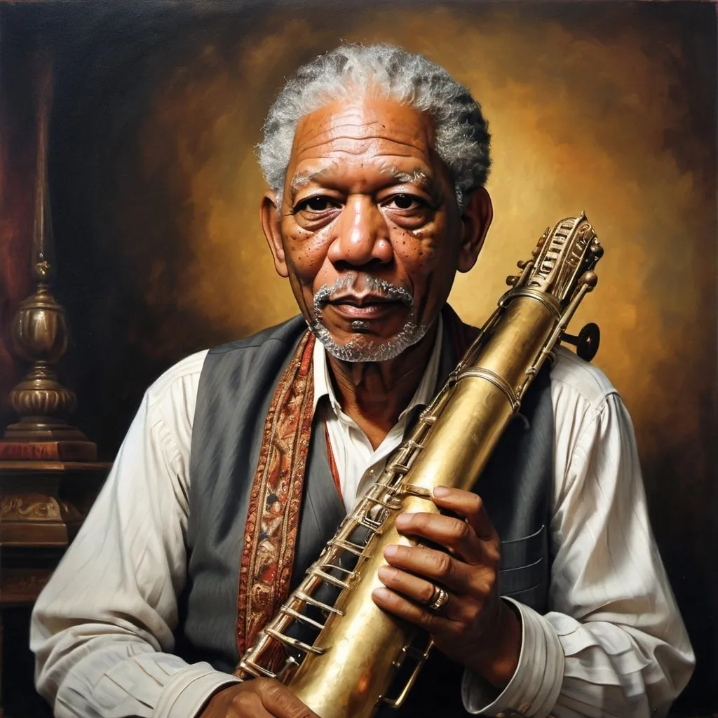Prompt: Morgan Freeman as elder Biswambhar Roy, vintage oil painting, nostalgic expression, grand traditional attire, ornate musical instruments, emotional portrayal, rich colors, dramatic lighting, detailed features, powerful storytelling, old-age elegance, traditional setting, emotional depth, high quality, vintage, oil painting, detailed expression, traditional, dramatic lighting