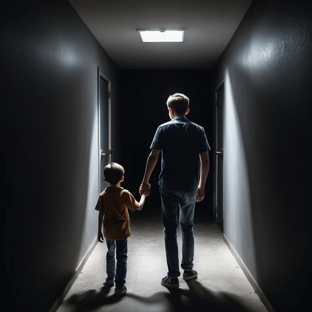 Prompt: It is a back view of the situation. A boy and an adult is holding hand. The boy seem to be leading the adult into the dark room. The adult seem to be afraid, but the boy seems to be confident