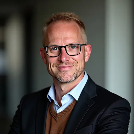 Prompt: @09eMCHot2zObmg4e3Vh6 A realistic cinematic portrait of a white European man, 55 years old, handsome and confident, short blond hair neatly styled, wearing modern glasses with thin frames, intelligent and warm expression, subtle smile, dressed in a tailored business suit with an open-collar shirt, professional corporate setting, natural soft lighting, high detail, photorealistic, shallow depth of field, 35mm lens look, modern executive leadership vibe, neutral background, calm and trustworthy presence