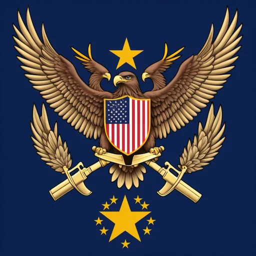 Prompt: The flag's layout will follow the basic structure of cadagascar's flag with a 
The two AK-47 rifles would be placed in the left and right, with the guns in a parallel along the edges of the flag.
In the center of the flag, an eagle would be placed, ideally with outstretched wings, symbolizing freedom and power.	
