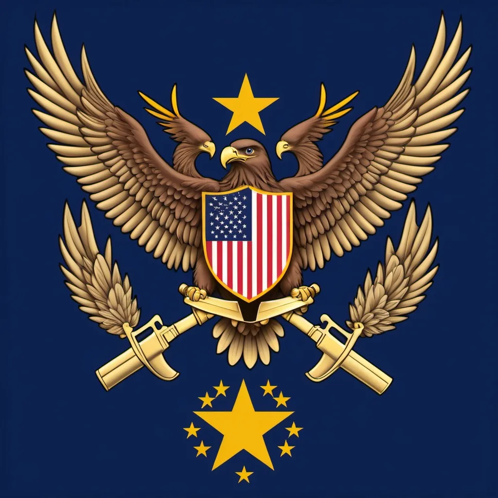 Prompt: The flag's layout will follow the basic structure of cadagascar's flag with a 
The two AK-47 rifles would be placed in the left and right, with the guns in a parallel along the edges of the flag.
In the center of the flag, an eagle would be placed, ideally with outstretched wings, symbolizing freedom and power.	
