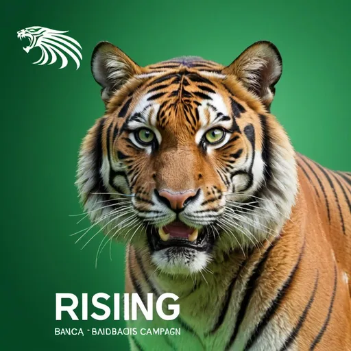 Prompt: Generate an art image showing a transparent tiger in background. The color is green. The Caption Should be " Rising Falcons Banca Campaign"