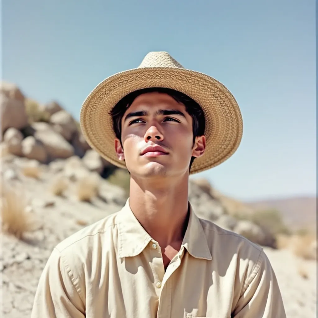 Prompt: Against a backdrop of a bright, possibly sunlit landscape, a young man wearing a light-colored, collared shirt and a decorative straw hat poses with a confident yet relaxed expression. The scene is characterized by a soft filter, giving it a warm and slightly hazy atmosphere that enhances the tranquil vibe. Behind him, there are hints of rocky terrain and sparse vegetation, suggesting an outdoor setting, possibly in a rural or semi-arid region. The overall composition draws attention to the subject through the contrast of his attire against the pale backdrop, evoking a sense of serenity and connection to nature. The mood feels both casual and inviting, hinting at a moment captured by the subject during an exploration or leisurely outing.