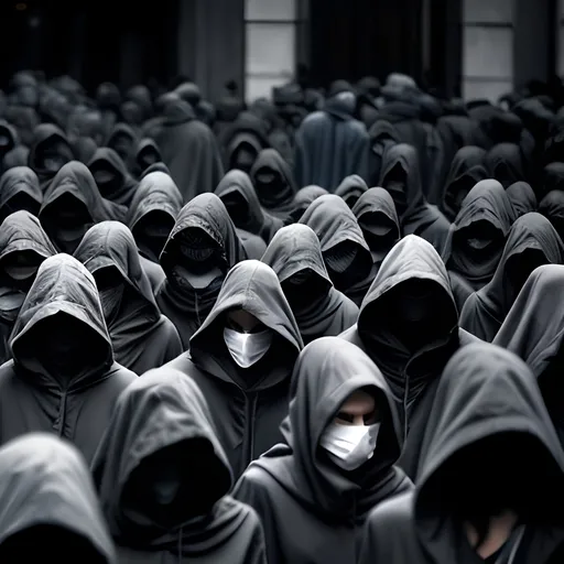 Prompt: crowd of hooded black shadows wearing grey masks 