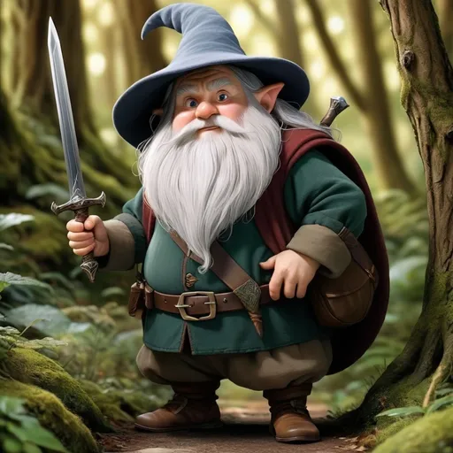 Prompt: a short hobbit that is seeking for a women and is very short living in the forest with a small sword thee hobbit is very old and has a big white beard also has an wizard hat and is about 1 feet tall and fat