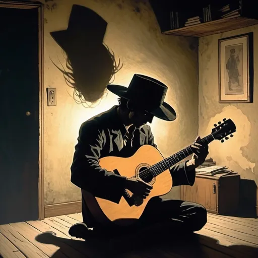 Prompt: "Realistic cinematic artwork of a lonely man in a shadowy room playing a guitar, wearing a wide-brim hat, smoke in the air, moody lighting, gritty lo-fi beat cover art style, warm tones, soft shadows, atmospheric background"