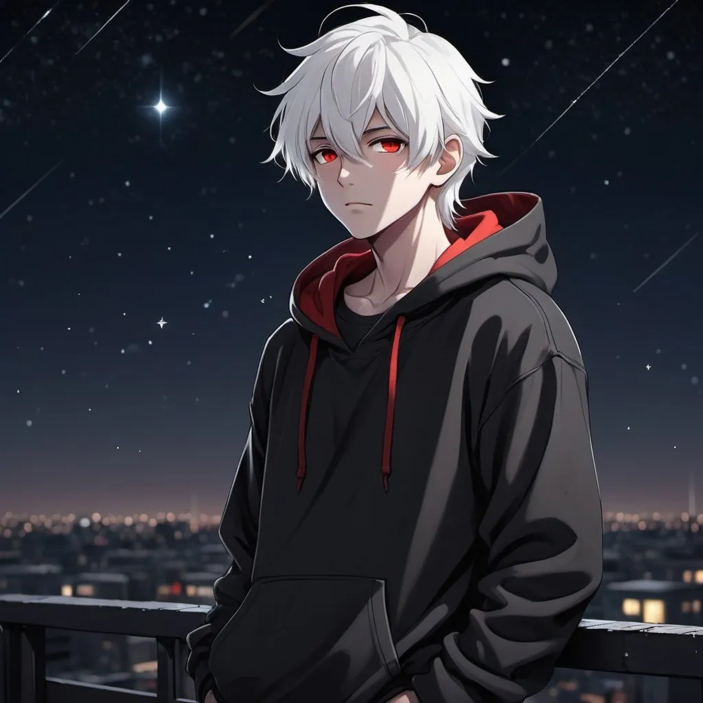 Cute anime boy with white hair red eyes in a black