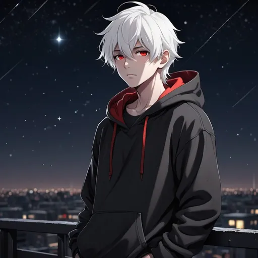 Prompt: Cute anime boy with white hair, red eyes, in a black hoodie, on a dark rooftop, night scene with fallen stars, anime art style, dark tones, atmospheric lighting, high quality, detailed eyes, night sky, rooftop setting, falling stars, cool tones, anime, dark theme, professional