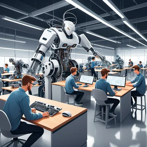 Prompt: An illustration of nechatronics engineering students learning in a modern environment.