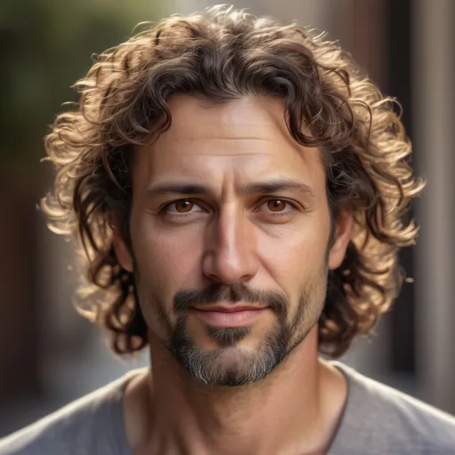 Prompt: (realistic portrait of a 40-year-old man), slender build, defined brows, brown eyes, light skin, medium long, curly hair , fine beard, dressed in casual clothing, natural lighting, soft shadows, warm tones, emphasizing facial features, detailed expressions, high definition, vibrant yet friendly ambiance, showcasing an approachable personality, creating a calm and engaging atmosphere.