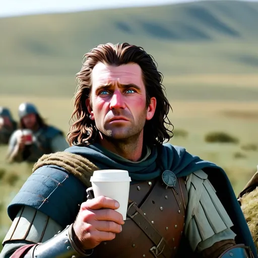 Prompt: Mel Gibsons William Wallace drinking coffee in the middle of the battlefield