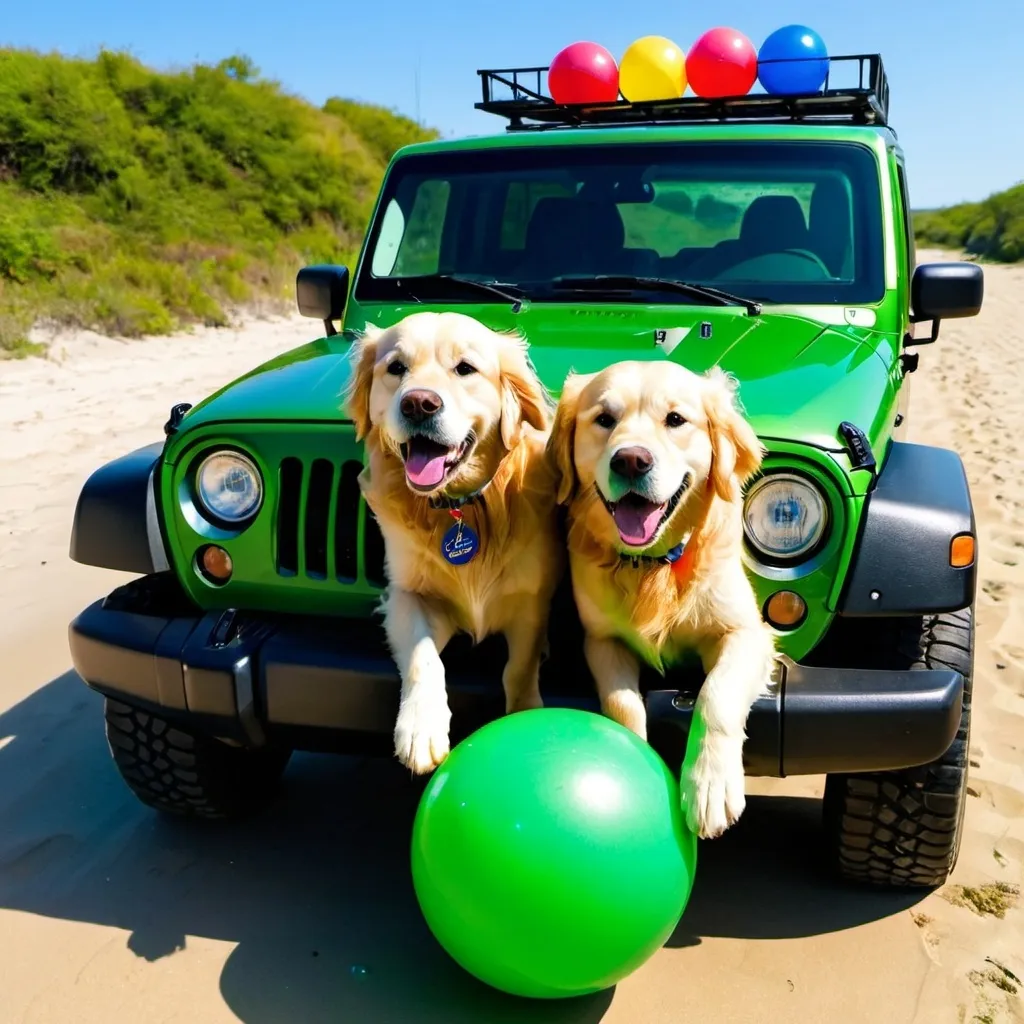 Prompt: two golden retriever dogs playing with a ball running near a green jeep with plastic beach balls over the rack at the top of the jeep 