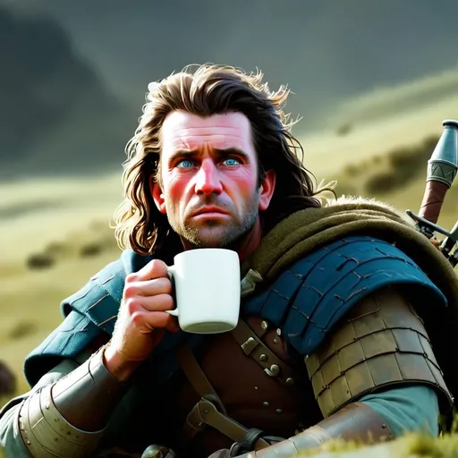 Prompt: Mel Gibsons William Wallace drinking coffee in the middle of the battlefield