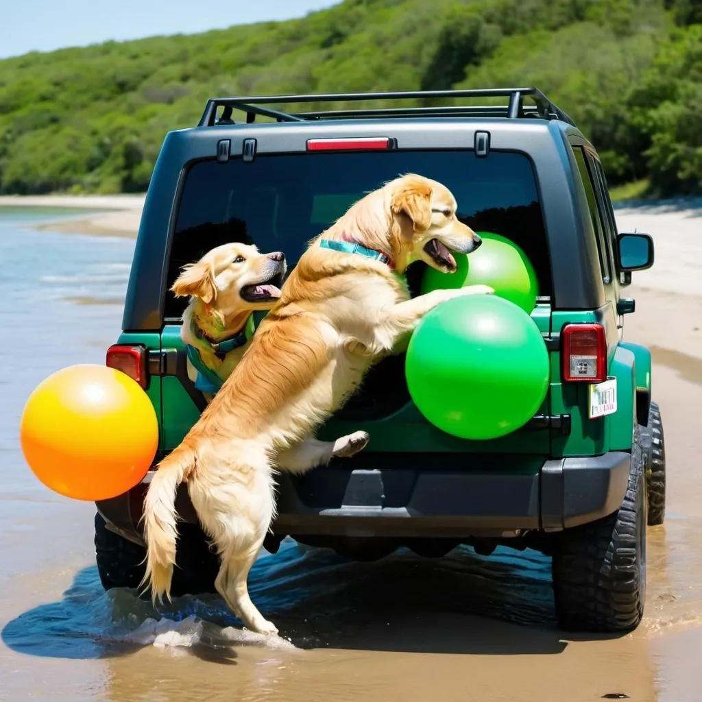 Prompt: two golden retriever dogs playing with a ball running near a green jeep with plastic beach balls over the rack at the top of the jeep 