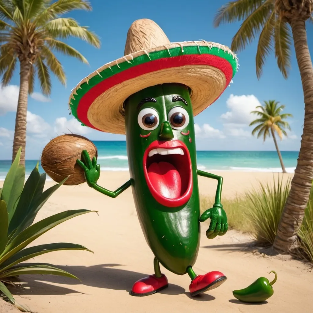 Prompt: a singing jalapeño wearing a Mexican hat walking in a sunny day near a palm tree with coconuts 