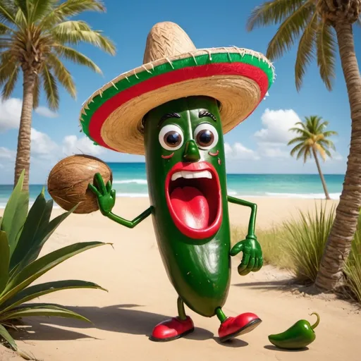 Prompt: a singing jalapeño wearing a Mexican hat walking in a sunny day near a palm tree with coconuts 