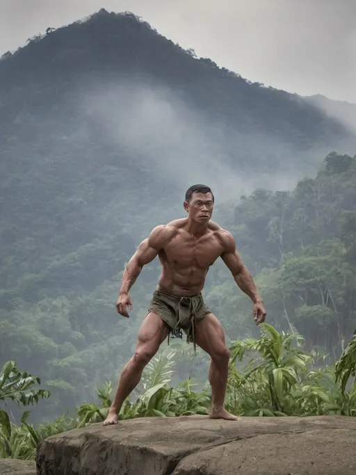 Prompt: Hyper realistic muscular man from the deep forest of borneo