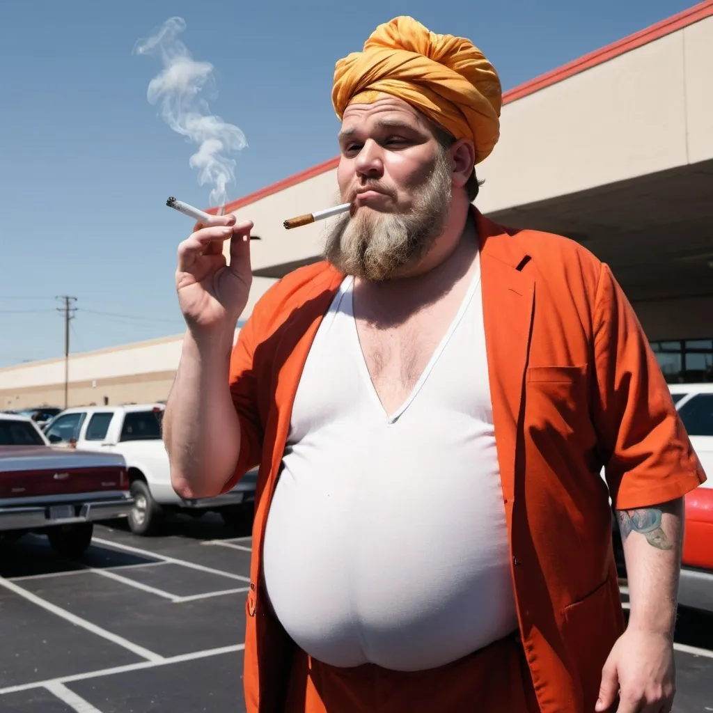 Prompt: Draw me a Picture of an american parking lot genie Thats over weight smoking a cigarette while podcasting