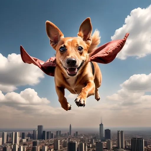 Prompt: Crea una imagen con las siguientes características: un perro salchicha volando por los cielos en un ambiente post apocaliptico, Fondo: Ciudad en llamas, Actividad: volando, Calidad de imagen: Best quality, Relación de aspecto: 9:16, Estado emocional: Satisfacción, Energía: Alta, Tamaño: Grande, Estructura: Libre, Vibra: Post-apocalíptico, Angulo de cámara: Diagonal Shot, Posición de ángulo de cámara: Vista desde abajo, Configuración de lente: Lente de 15mm, Tipo de luz: Mediodía, Fotografía Creativa: Kodachrome, Estilo de película: The Grand Budapest Hotel (2014), Estilo de Ilustración: Pixar, En el estilo de: Los Simpsons, Movimiento Artístico: Futurista