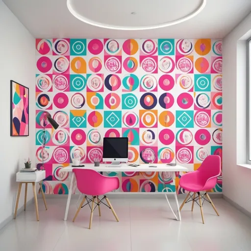 Prompt: (vibrant geometric patterns), (Barbie logo), white background, modern office decor, colorful, clean design elements, inspirational ambiance, professional atmosphere, appealing to a young and creative audience, visually striking composition, high-quality wall art, ideal for an office environment, balanced colors_rotate seamlessly throughout the geometric shapes, dynamic arrangement.