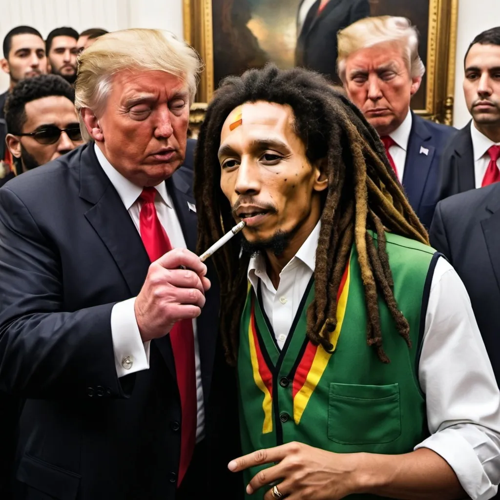 Prompt: quiero que me crees una imagen de bob marley fumando con donald trump