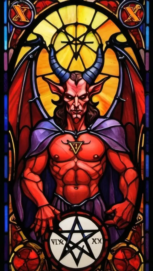 Prompt: A tarot card illustration, a  figure of Satan  with horns, bat wings and a pentacle background. Has the inscription "The Devil" and the letters "XV"