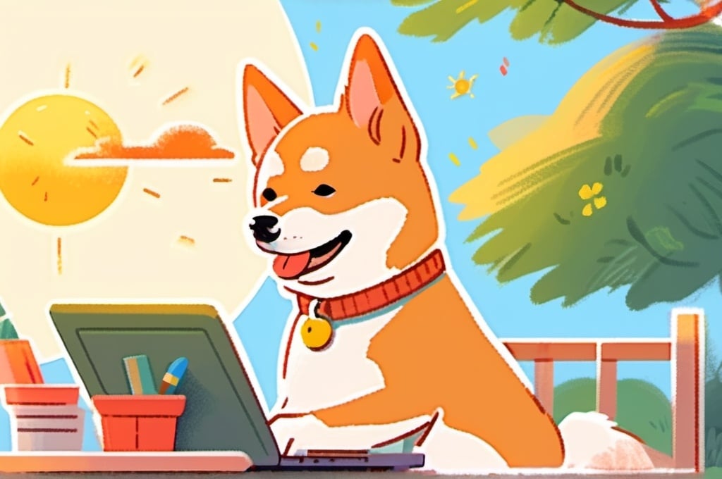 Prompt: header banner of an adult female dog sitter that has a shiba inu in the sunshine