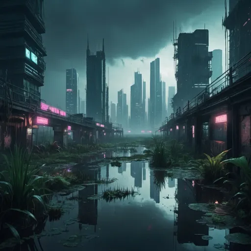 Prompt: the swamps are very far outside the city, skyscrapers are visible in the distance, all in lights in the cyberpunk style, a gloomy atmosphere