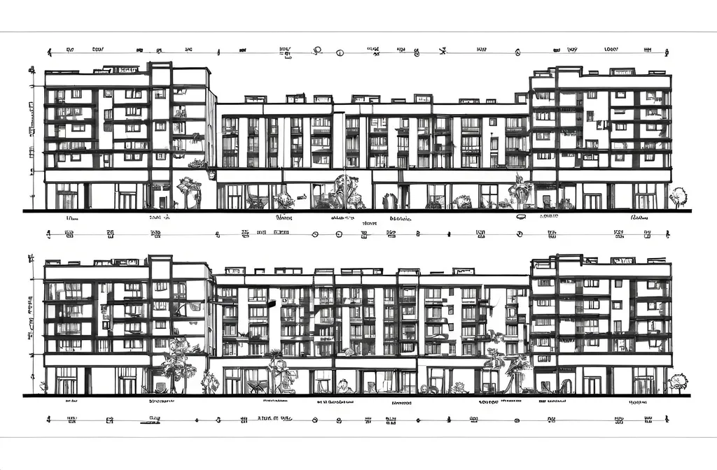 Prompt: floor plans for residential building, design, interior, ground flood, black and wite colors, more complicated , many flats sode by side