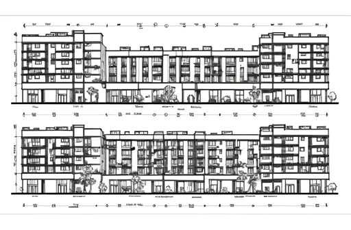 Prompt: floor plans for residential building, design, interior, ground flood, black and wite colors, more complicated , many flats sode by side