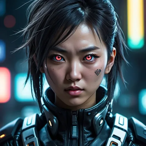 Prompt: Asian cyberpunk warrior, futuristic armor, intense and fierce expression, high-tech enhancements, detailed eyes, sleek design, professional, atmospheric lighting, ultra-detailed, cyberpunk, anime, intense gaze, highres, futuristic, cool tones