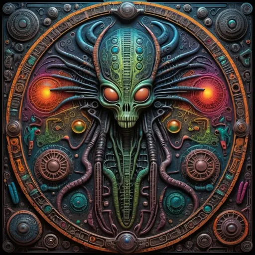 Prompt: Vividly colored petroglyphic command board, Giger-inspired elements, Moebius-style, highly detailed, vibrant colors, alien symbols, intricate patterns, ancient-futuristic fusion, high quality, detailed linework, vibrant, surreal lighting