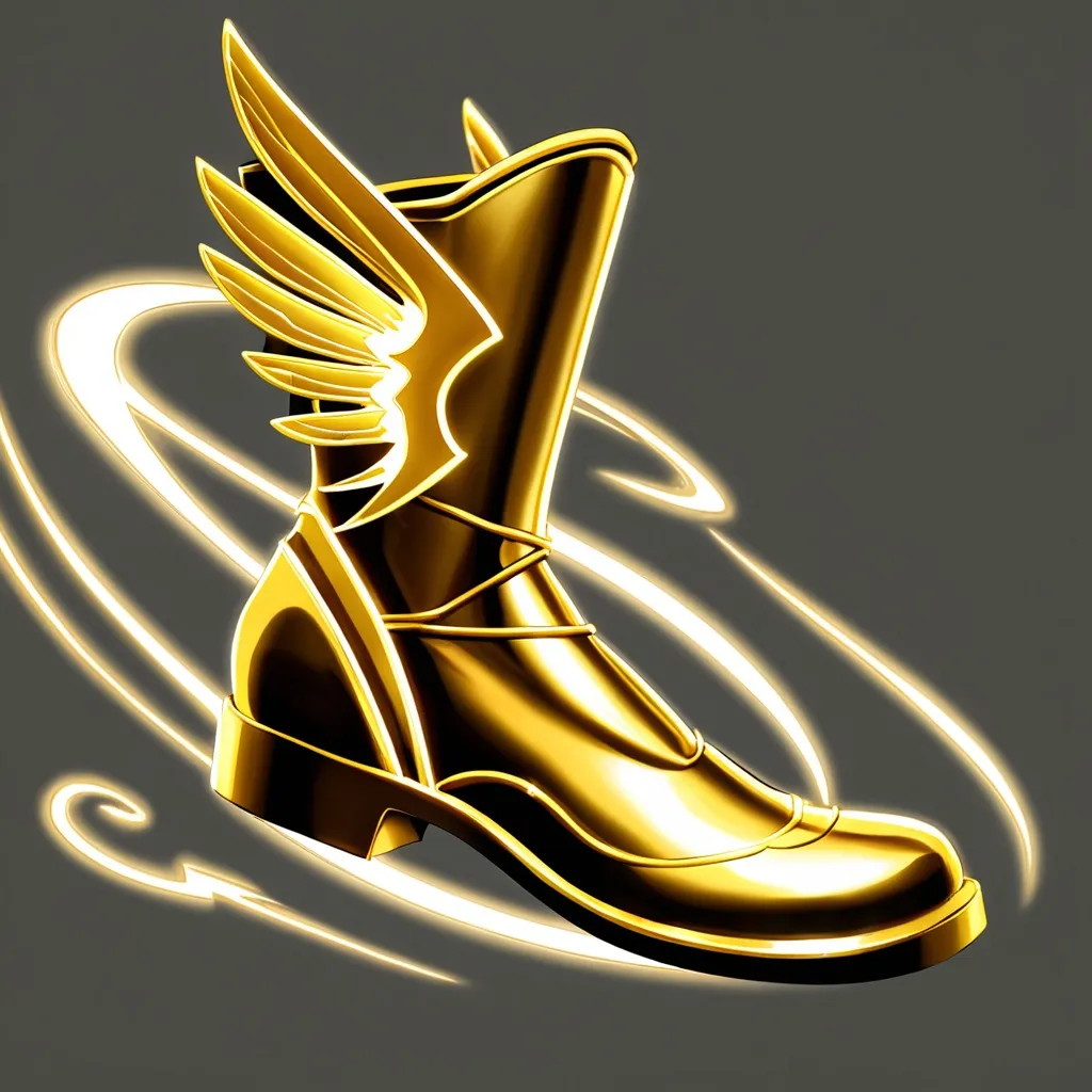 Prompt: A shiny golden winged boot with a swirling trail effect, hovering slightly above the ground. The boot has a sleek design with a lightning bolt emblem glowing on the side. no background
