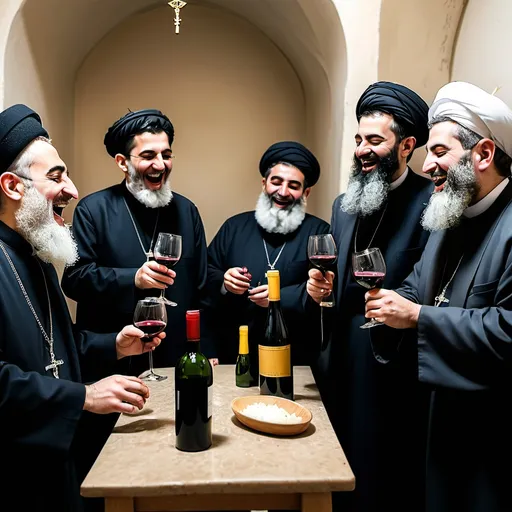 Prompt: A priest with a Iranian religious leaders are laughing and drinking wine