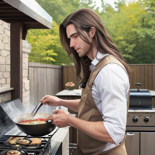Prompt: male , long brown hair, cooking at outdoor kitchen, lunch 
