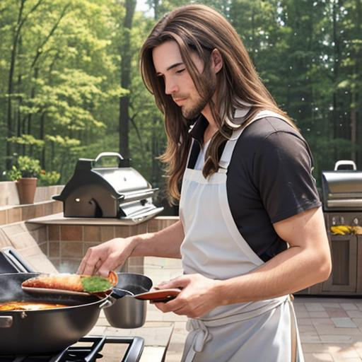 Prompt: male , long brown hair, cooking at outdoor kitchen, lunch 