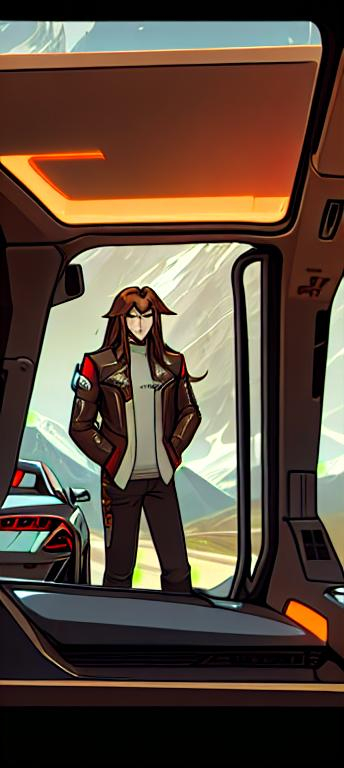 Prompt: male long brown hair, driving & corvette and cyber punk , style 

high quality 
mountain background, 