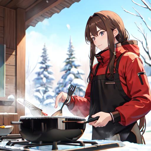 Prompt: male , long , anime , Canadian drawn   brown hair, cooking at outdoor kitchen, lunch in the snow 