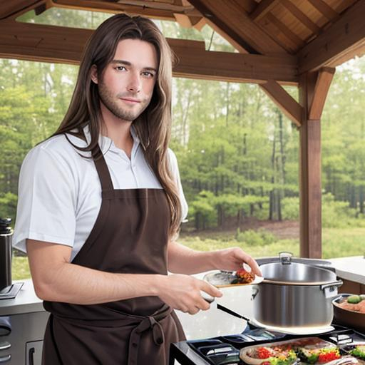 Prompt: male , long brown hair, cooking at outdoor kitchen, lunch 