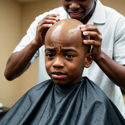 Prompt:  a black boy getting his hair cut to skin and crying hair must be bald