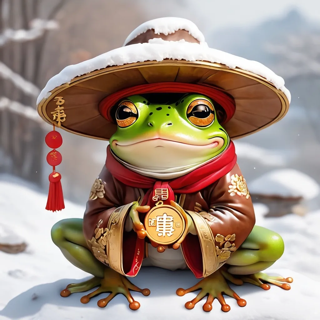 Prompt: Frog wearing a winter brown hat, Changpeng Zhao, sonwukong, sun coin , china,