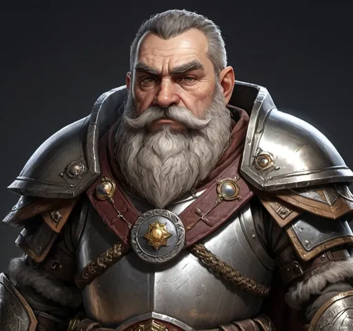 Prompt: A middle aged near-human dwarves male who is short and stout. The figure is a decorated General wearing rock-based armor and has medals and wears a short cape. The man has a well-trimmed silver beard. The armor he wears is made from polished stone. He is a gruff and stern-looking individual who has seen many battles. 