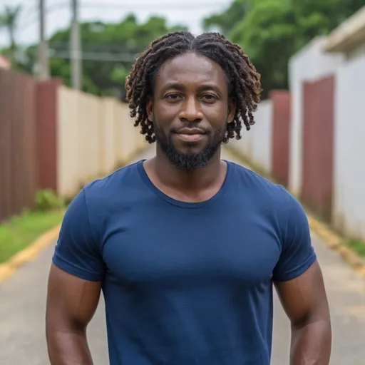 Prompt: 40 year old trinidadian man 4k portrait photo for social media use. His name is Jevon Elba Tom Marley and he is wearing a dark blue tshirt, he has curly hair and is mixed race