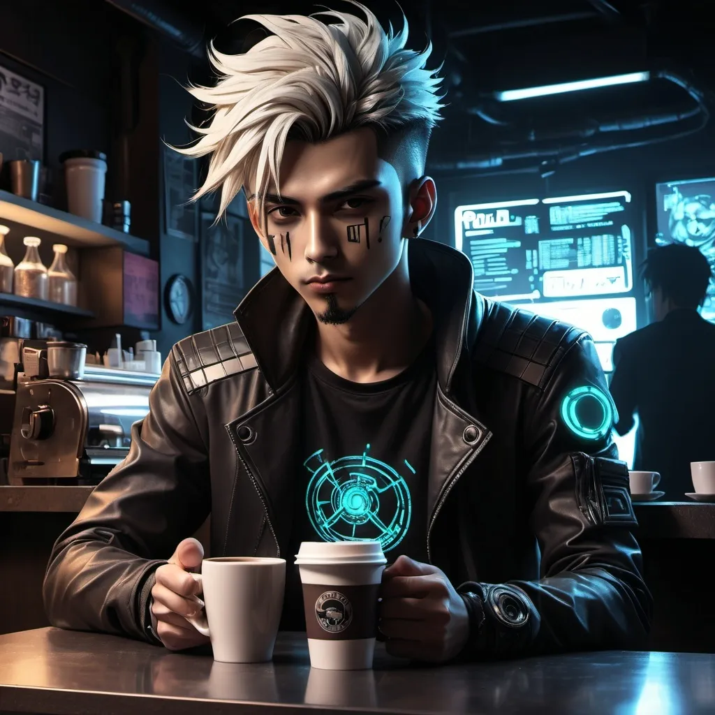 Prompt: Anime cyberpunk style, man in coffee shop, highly detailed, HD, dark background