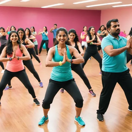 Prompt: A group of Indian men and women doing a Zumba class