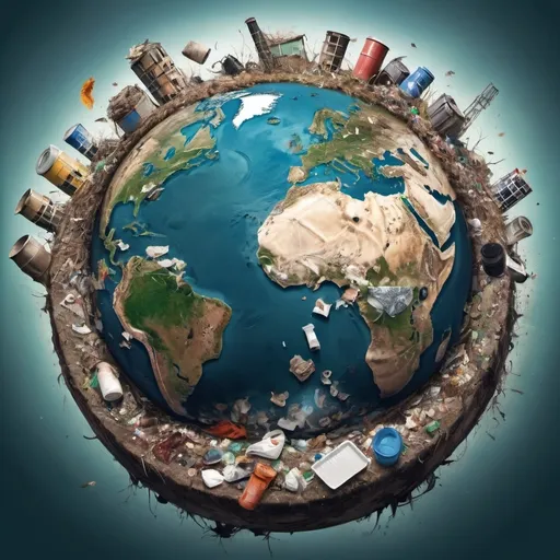 Prompt: Planet Earth completely covered by tons of garbage, with exhausted natural resources, dead flora and fauna, dirty water, asking for help, collapsing, with an expression of suffering, caused by the dirty, criminal and ill-intentioned hand of human beings.