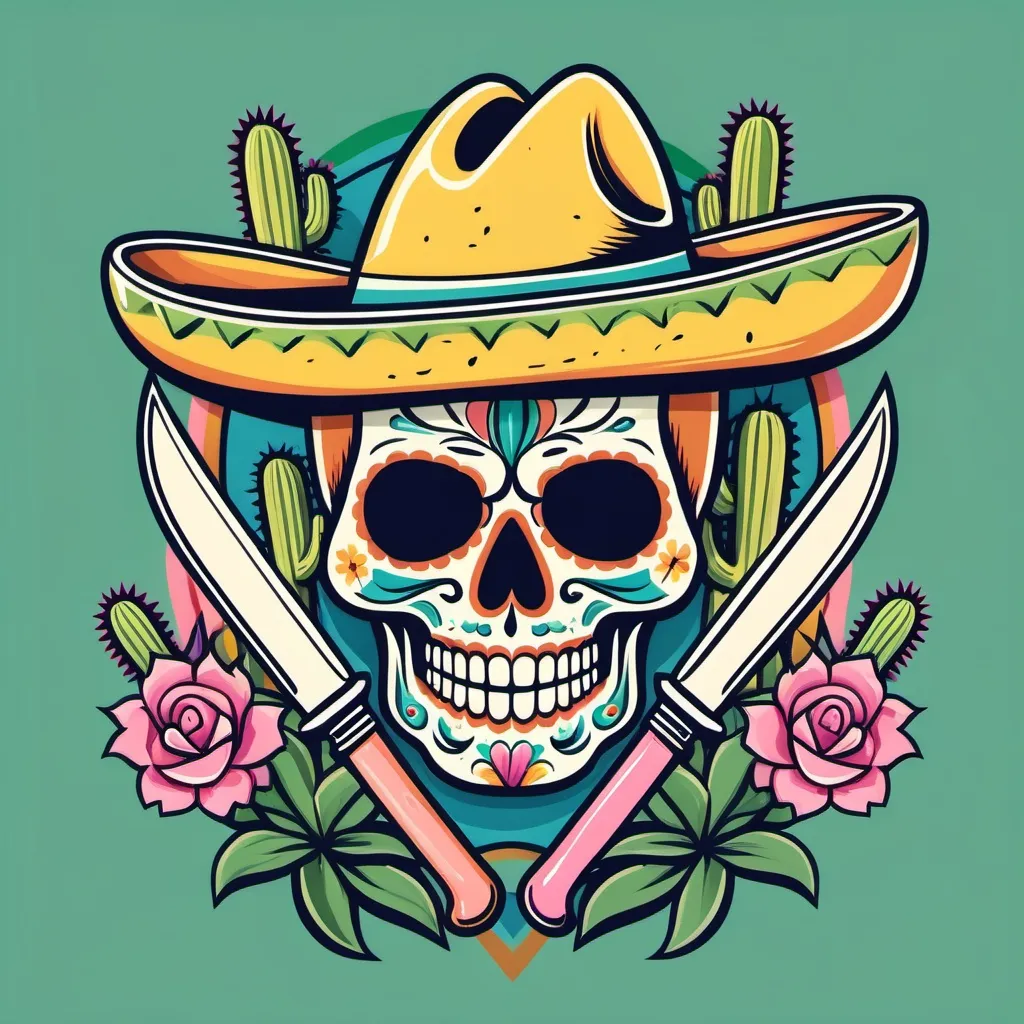 Prompt: a mexican restaurant retro logo containing a pair of retro gangster penknifes crossed and facing downwards with mexican motive handles in retro pastel colours (yellow, green, blue and pink), with cactus, mexican skull, mexican flowers, design, digital design, logo design, hd, canon, high quality, art, sketch, graphic design.