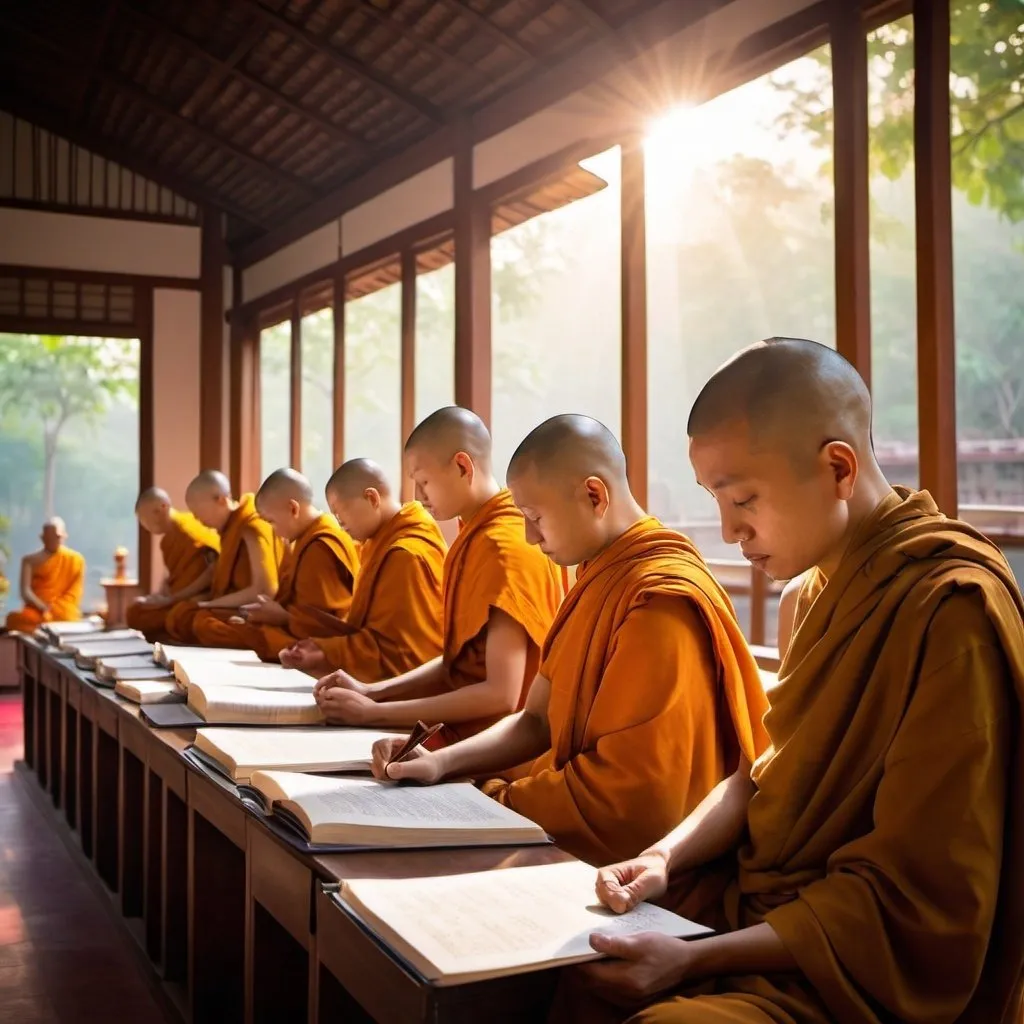 Prompt: Monks study the Dhamma and Vinaya and practice Dhamma. There is a Buddha image standing out in the background against the light of the morning sun in colors that convey calm and calm, such as brown, green, and blue.