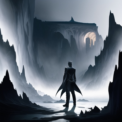 Prompt: body facing towards the background, looking over shoulder to viewer, black and white coloured sword on their back, ash grey coloured hair, black coat, black boots, 1guy, chiaroscuro lighting, insanely detailed, background is a dark cave with a bridge over water that is being lit up by lanterns, person standing on bridge