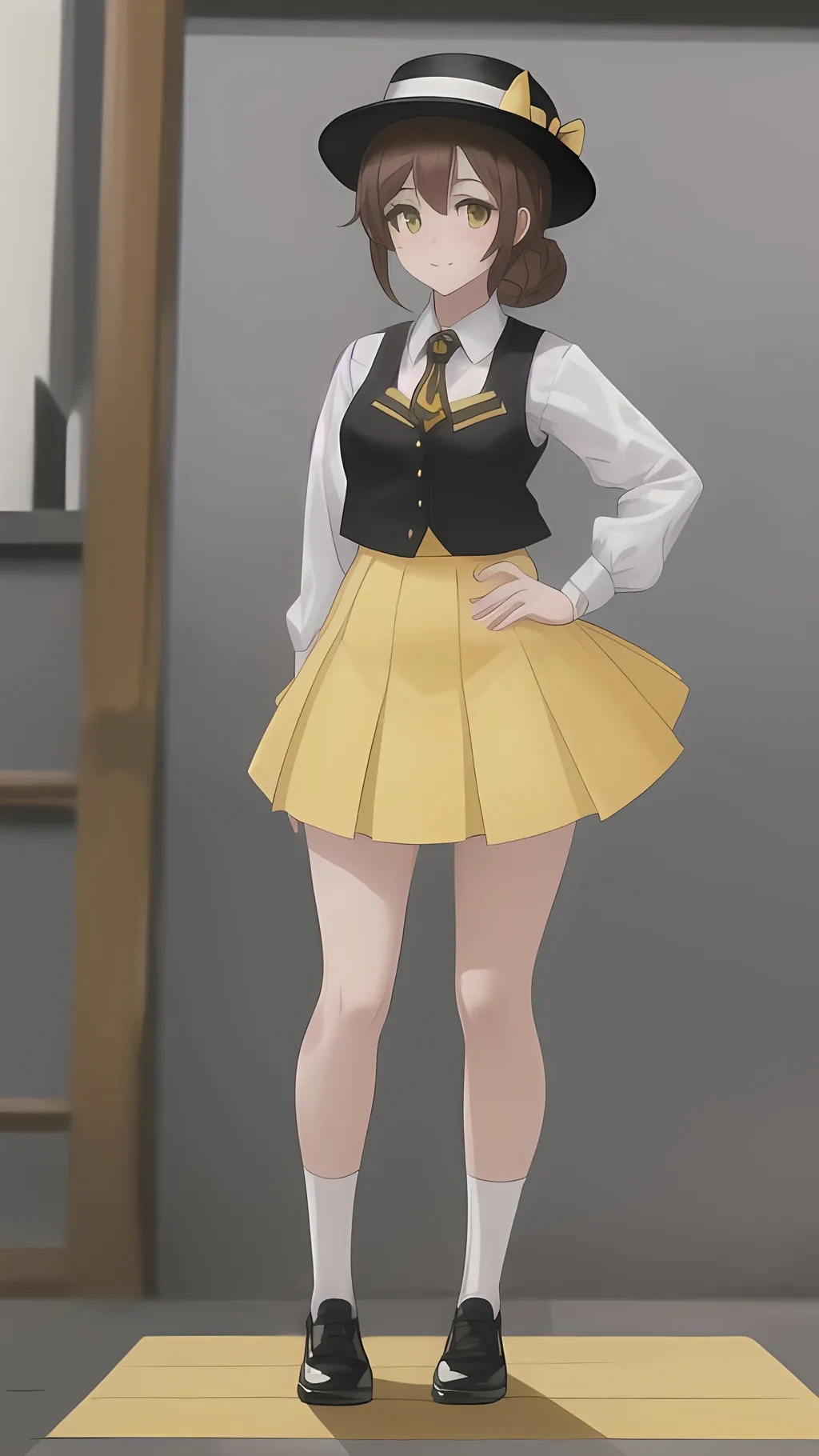 Prompt: A 21 year old Hufflepuff woman. 5'7" tall. Wearing a white dress shirt with a black vest that has the Hufflepuff emblem. Short yellow skirt. White socks with yellow and black stripes at the thigh. Black school girl shoes with a golden coloured collar and sole. Medium length brunette hair with the back tied into a bun. (Wearing a black porkpie hat). Standing straight with a little bit of pose. Fair skin with light freckles. Full body shot.